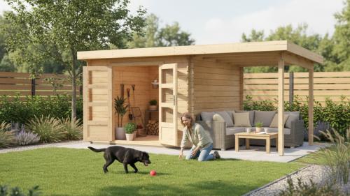 dřevěný domek KARIBU BASTRUP 3 + přístavek 200 cm (73297) natur