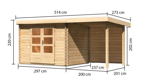 dřevěný domek KARIBU BASTRUP 3 + přístavek 200 cm včetně zadní stěny (9302) natur