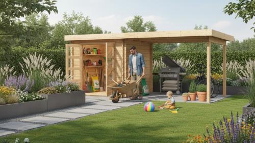 dřevěný domek KARIBU BASTRUP 4 + přístavek 300 cm (73298) natur