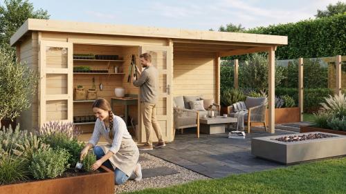 dřevěný domek KARIBU BASTRUP 4 + přístavek 300 cm včetně zadní stěny (9305) natur