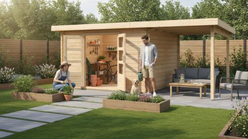 dřevěný domek KARIBU BASTRUP 7 + přístavek 200 cm (78673) natur