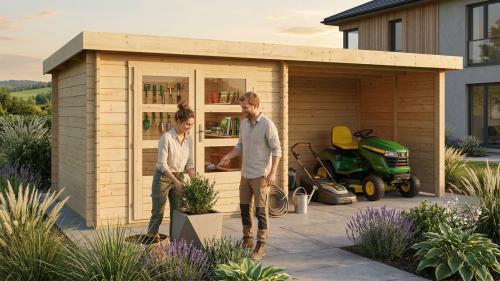 dřevěný domek KARIBU BASTRUP 2 + přístavek 300 cm včetně zadní a boční stěny (91531) natur