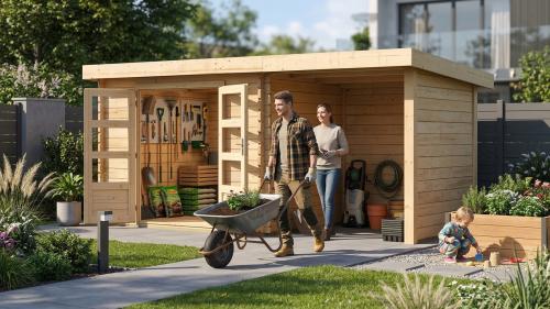 dřevěný domek KARIBU BASTRUP 3 + přístavek 200 cm včetně zadní a boční stěny (73330) natur