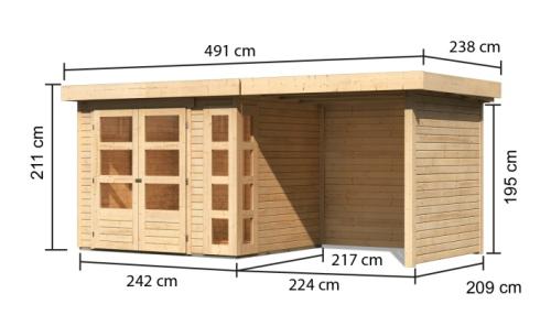 drevený domček KARIBU KERKO 3 + prístavok 240 cm vrátane zadnej a bočnej steny (82934) natur