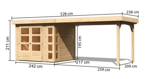 drevený domček KARIBU KERKO 3 + prístavok 280 cm (82936) natur