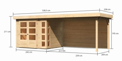 drevený domček KARIBU KERKO 3 + prístavok 280 cm vrátane zadnej steny (9187) natur