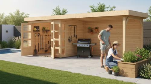 drevený domček KARIBU KERKO 3 + prístavok 280 cm vrátane zadnej steny (9187) natur