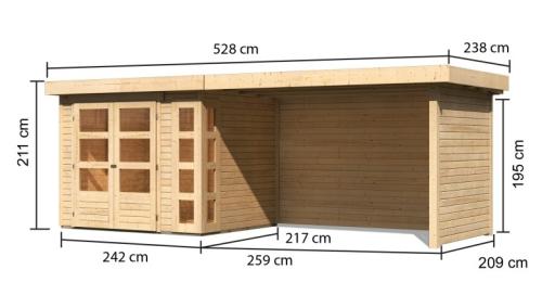 drevený domček KARIBU KERKO 3 + prístavok 280 cm vrátane zadnej a bočnej steny (82938) natur