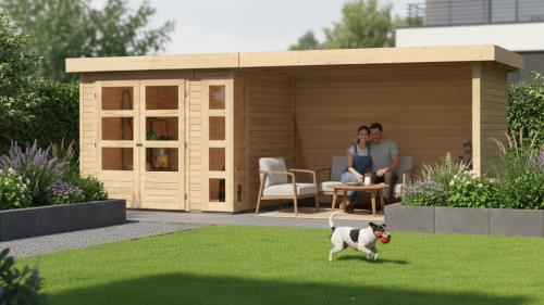 drevený domček KARIBU KERKO 3 + prístavok 280 cm vrátane zadnej a bočnej steny (82938) natur