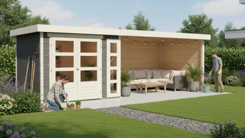 drevený domček KARIBU KERKO 3 + prístavok 280 cm vrátane zadnej a bočnej steny (82939) terragrau