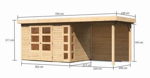 dřevěný domek KARIBU KERKO 4 + přístavek 240 cm včetně zadní stěny (9189) natur