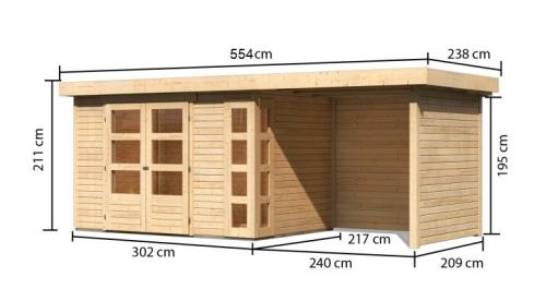 dřevěný domek KARIBU KERKO 4 + přístavek 240 cm včetně zadní a boční stěny (82942) natur