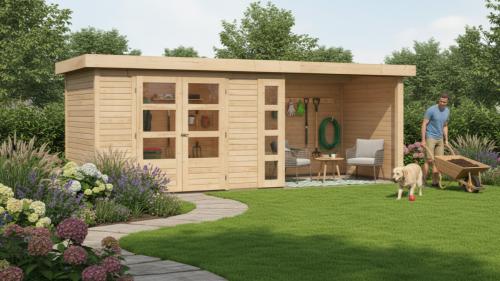 dřevěný domek KARIBU KERKO 4 + přístavek 240 cm včetně zadní a boční stěny (82942) natur