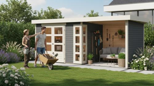 dřevěný domek KARIBU KERKO 4 + přístavek 240 cm včetně zadní a boční stěny (82943) terragrau