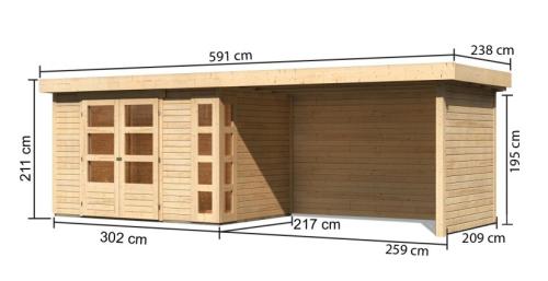dřevěný domek KARIBU KERKO 4 + přístavek 280 cm včetně zadní a boční stěny (82946) natur