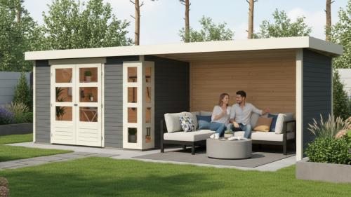 dřevěný domek KARIBU KERKO 4 + přístavek 280 cm včetně zadní a boční stěny (82947) terragrau