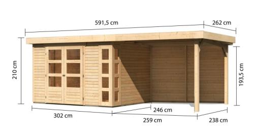 dřevěný domek KARIBU KERKO 5 + přístavek 280 cm včetně zadní stěny (9206) natur