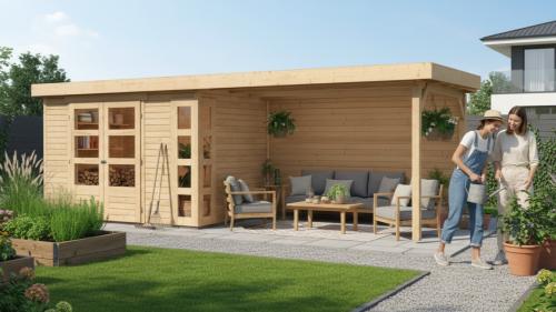 dřevěný domek KARIBU KERKO 5 + přístavek 280 cm včetně zadní stěny (9206) natur