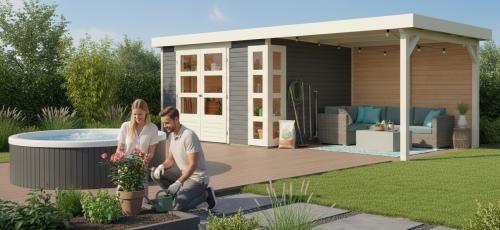 dřevěný domek KARIBU KERKO 5 + přístavek 280 cm včetně zadní stěny (9207) terragrau