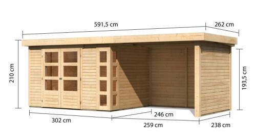 dřevěný domek KARIBU KERKO 5 + přístavek 280 cm včetně zadní a boční stěny (9208) natur