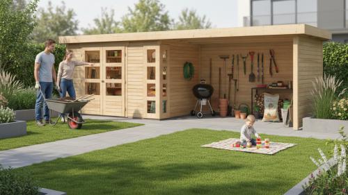 dřevěný domek KARIBU KERKO 5 + přístavek 280 cm včetně zadní a boční stěny (9208) natur