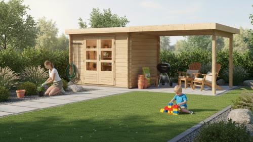 dřevěný domek KARIBU BASTRUP 3 + přístavek 300 cm (91532) natur