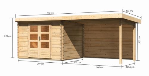 dřevěný domek KARIBU BASTRUP 3 + přístavek 300 cm včetně zadní stěny (9303) natur