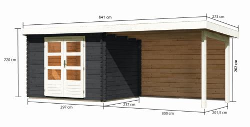 dřevěný domek KARIBU BASTRUP 3 + přístavek 300 cm včetně zadní stěny (33024) antracit