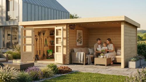 dřevěný domek KARIBU BASTRUP 3 + přístavek 300 cm včetně zadní a boční stěny (91533) natur