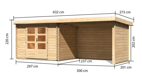 dřevěný domek KARIBU BASTRUP 3 + přístavek 300 cm včetně zadní a boční stěny (91533) natur