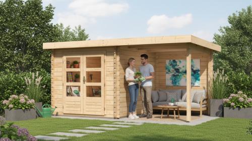 dřevěný domek KARIBU BASTRUP 4 + přístavek 200 cm včetně zadní stěny (9304) natur