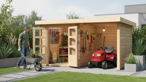 dřevěný domek KARIBU BASTRUP 4 + přístavek 200 cm včetně zadní a boční stěny (77937) natur