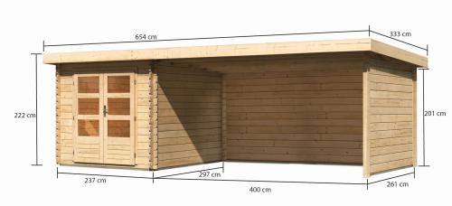 dřevěný domek KARIBU BASTRUP 4 + přístavek 400 cm včetně zadní a boční stěny (9307) natur