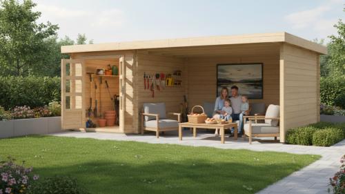 dřevěný domek KARIBU BASTRUP 4 + přístavek 400 cm včetně zadní a boční stěny (9307) natur