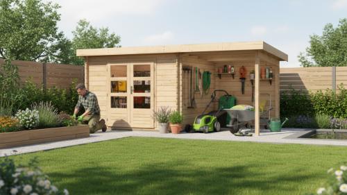 dřevěný domek KARIBU BASTRUP 5 + přístavek 200 cm včetně zadní stěny (9309) natur