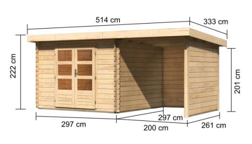 dřevěný domek KARIBU BASTRUP 5 + přístavek 200 cm včetně zadní a boční stěny (73994) natur