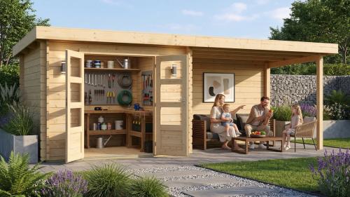 dřevěný domek KARIBU BASTRUP 5 + přístavek 400 cm včetně zadní stěny (9311) natur