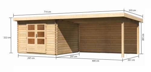 dřevěný domek KARIBU BASTRUP 5 + přístavek 400 cm včetně zadní stěny (9311) natur