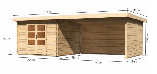 dřevěný domek KARIBU BASTRUP 5 + přístavek 400 cm včetně zadní a boční stěny (9312) natur