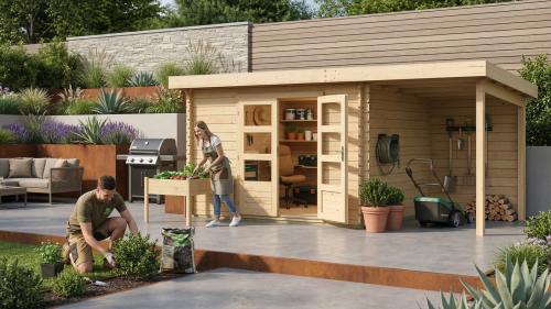 dřevěný domek KARIBU BASTRUP 7 + přístavek 200 cm včetně zadní stěny (9313) natur