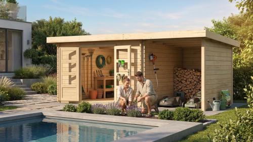 dřevěný domek KARIBU BASTRUP 7 + přístavek 200 cm včetně zadní a boční stěny (78674) natur