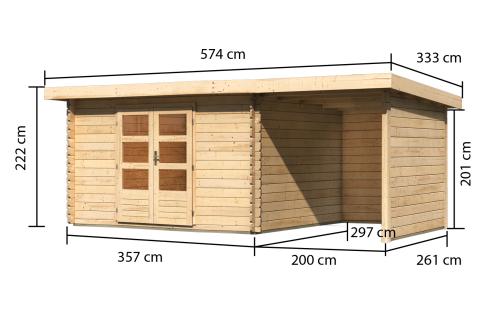 dřevěný domek KARIBU BASTRUP 7 + přístavek 200 cm včetně zadní a boční stěny (78674) natur