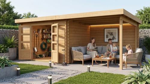 dřevěný domek KARIBU BASTRUP 7 + přístavek 300 cm včetně zadní stěny (9314) natur