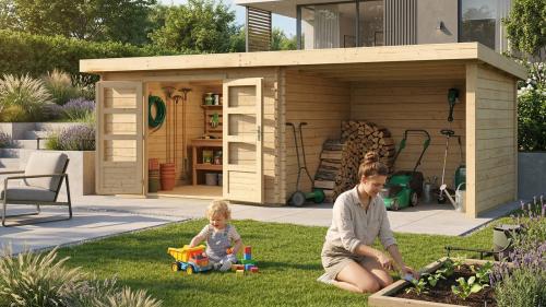 dřevěný domek KARIBU BASTRUP 7 + přístavek 300 cm včetně zadní a boční stěny (73334) natur