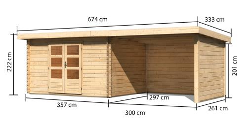 dřevěný domek KARIBU BASTRUP 7 + přístavek 300 cm včetně zadní a boční stěny (73334) natur