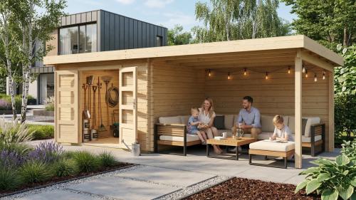 dřevěný domek KARIBU BASTRUP 7 + přístavek 400 cm včetně zadní stěny (9315) natur