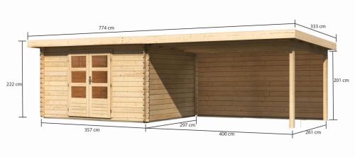 dřevěný domek KARIBU BASTRUP 7 + přístavek 400 cm včetně zadní stěny (9315) natur