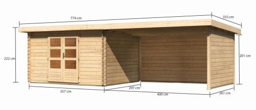 dřevěný domek KARIBU BASTRUP 7 + přístavek 400 cm včetně zadní a boční stěny (9316) natur