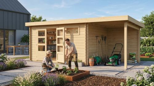 dřevěný domek KARIBU BASTRUP 8 + přístavek 200cm včetně zadní stěny (9317) natur