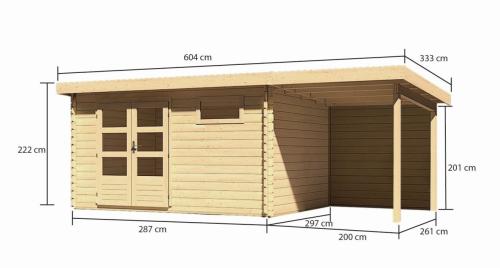 dřevěný domek KARIBU BASTRUP 8 + přístavek 200cm včetně zadní stěny (9317) natur